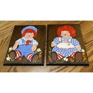 2 Vintage Raggedy Ann & Andy Painted Wood Wall Hanging Décor pictures 70’s 80’s